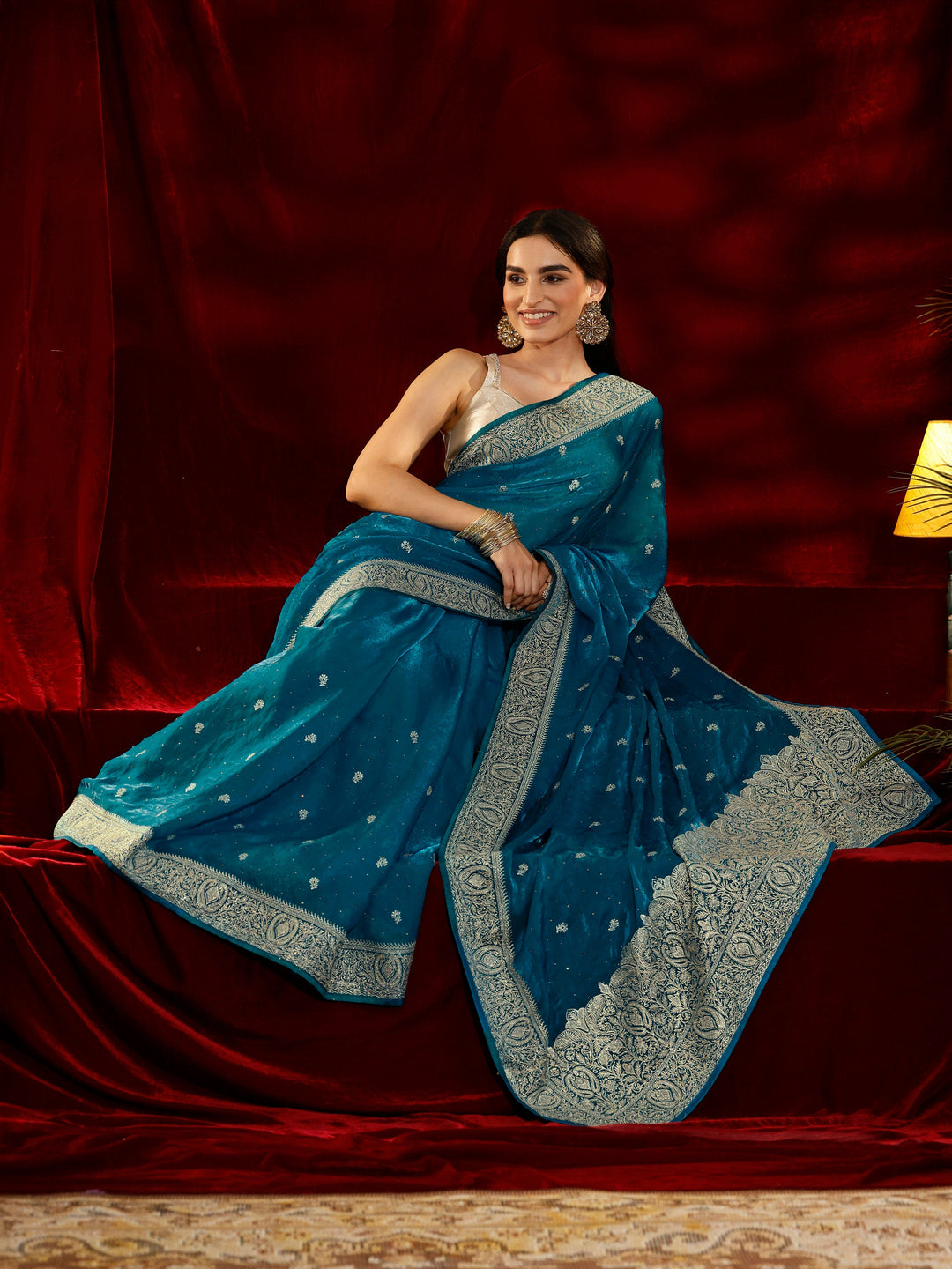  Libas Blue Floral Embroidered Tissue Saree 