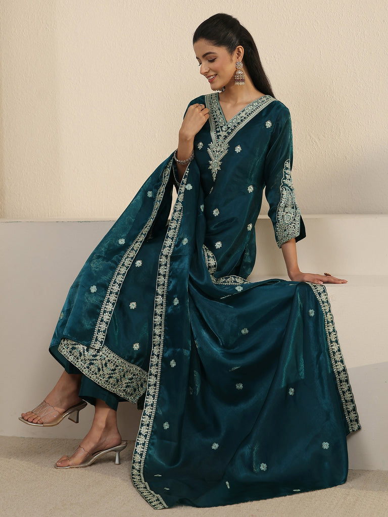 Libas Blue Floral Embroidered Tissue Straight Suit Set