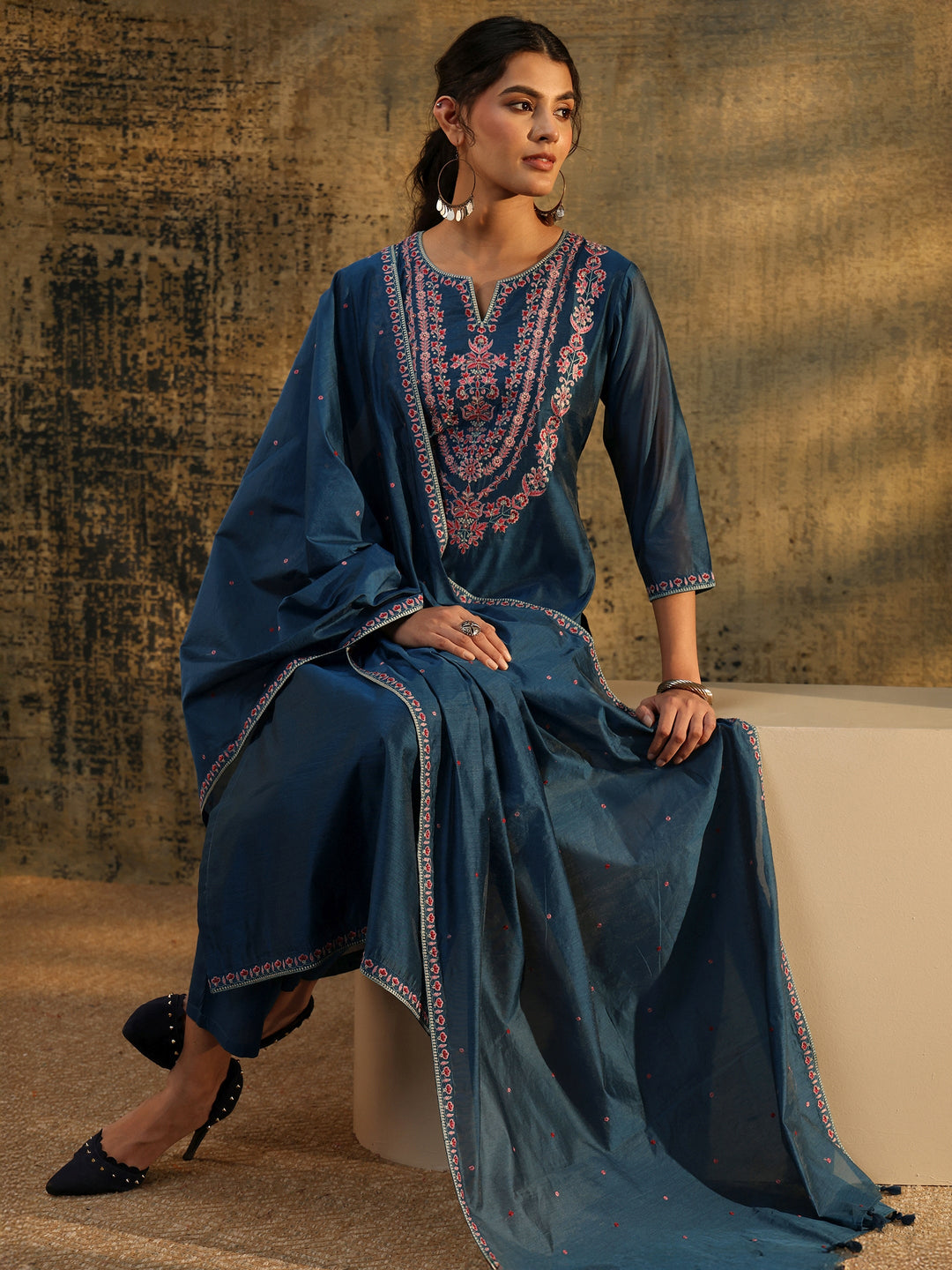 Libas Blue Floral Embroidered Yoke Design Chanderi Silk Straight Suit Set 