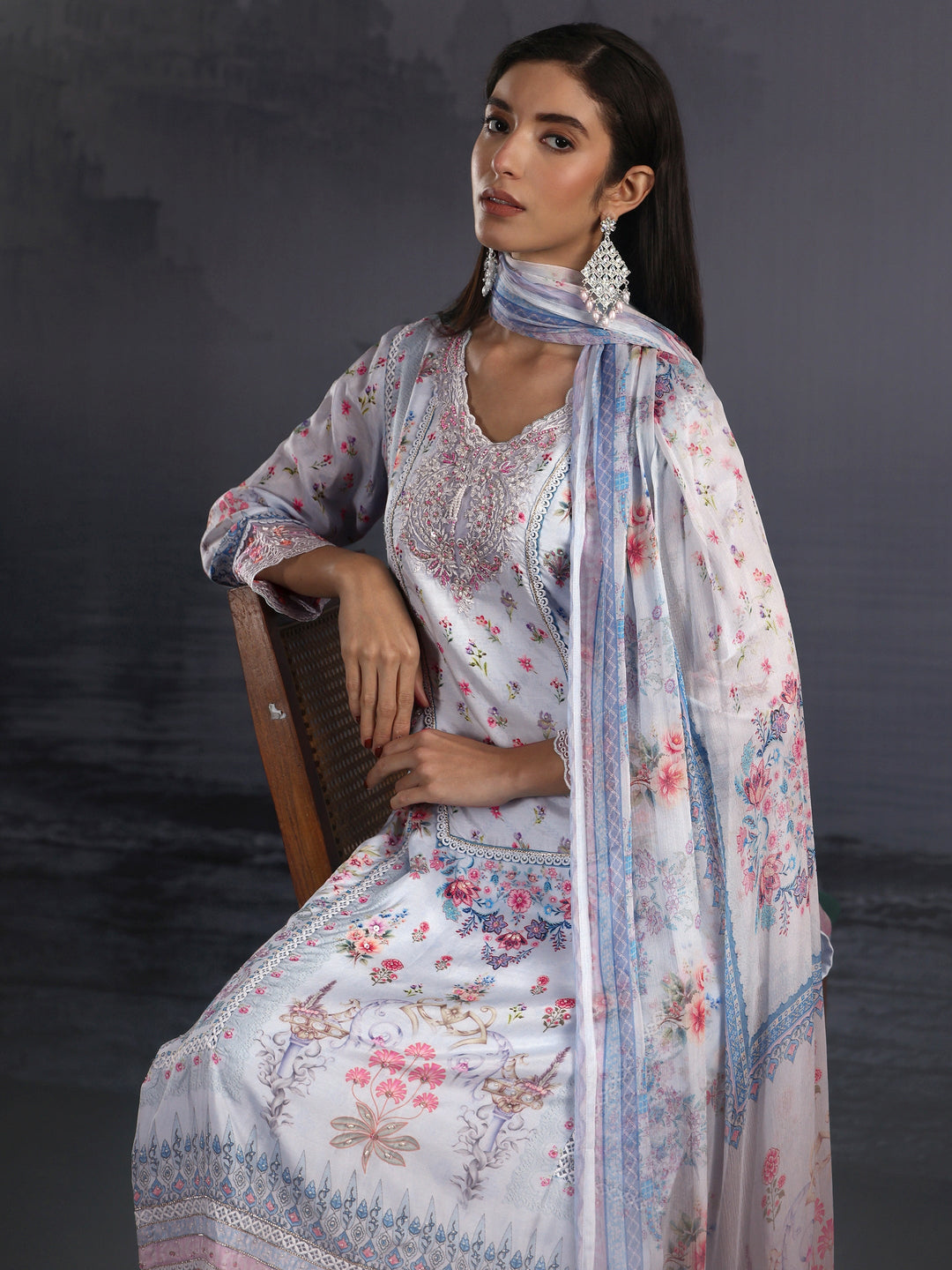  Libas Blue Floral Printed Crepe Straight Suit Set 