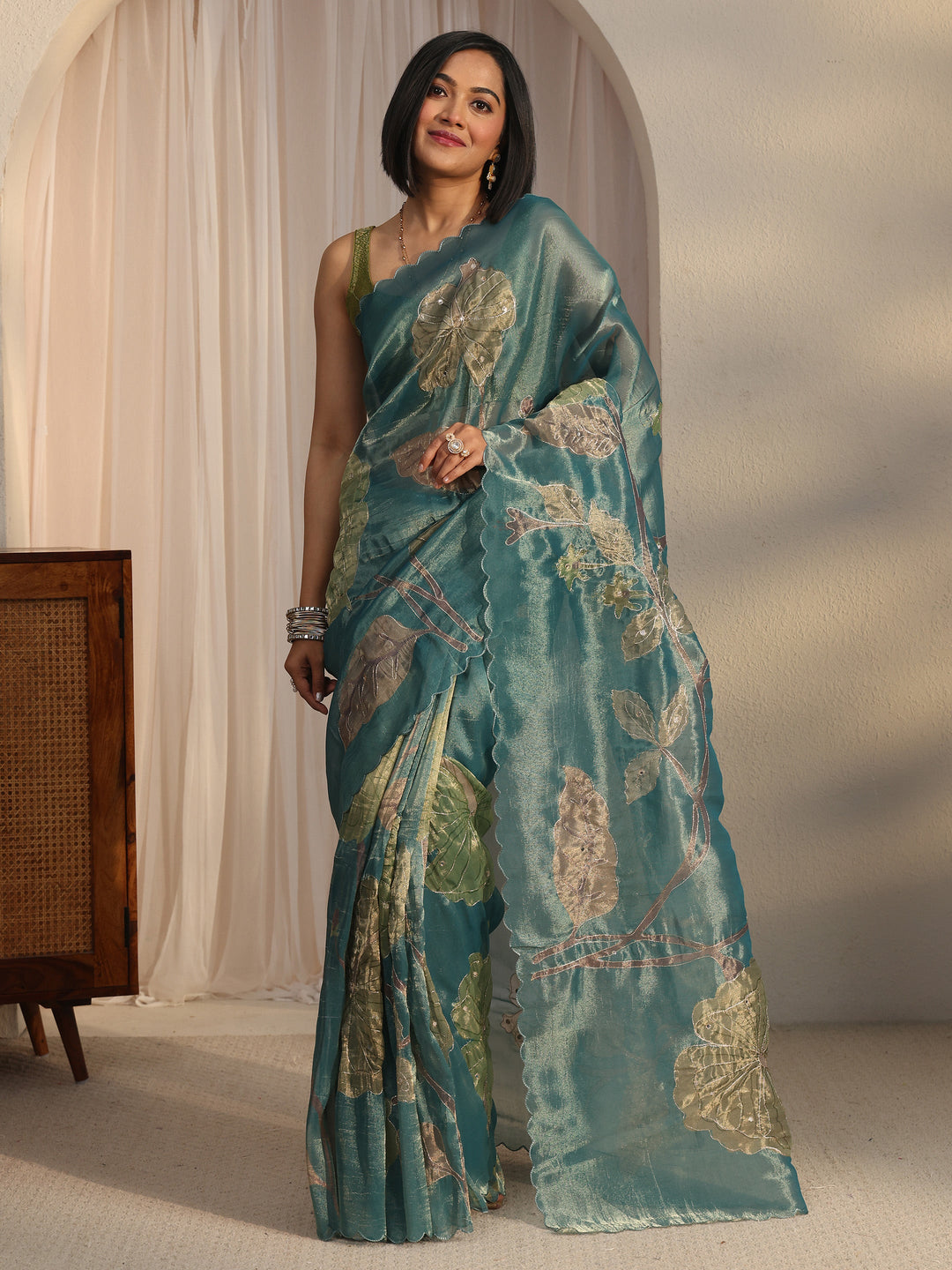  Libas Blue Floral Printed Mirror Work Silk Blend Saree with Scalloped Border 
