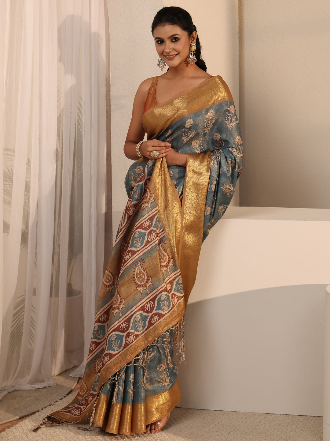 Libas Blue Floral Printed Silk Blend Tassel Saree with Woven Border