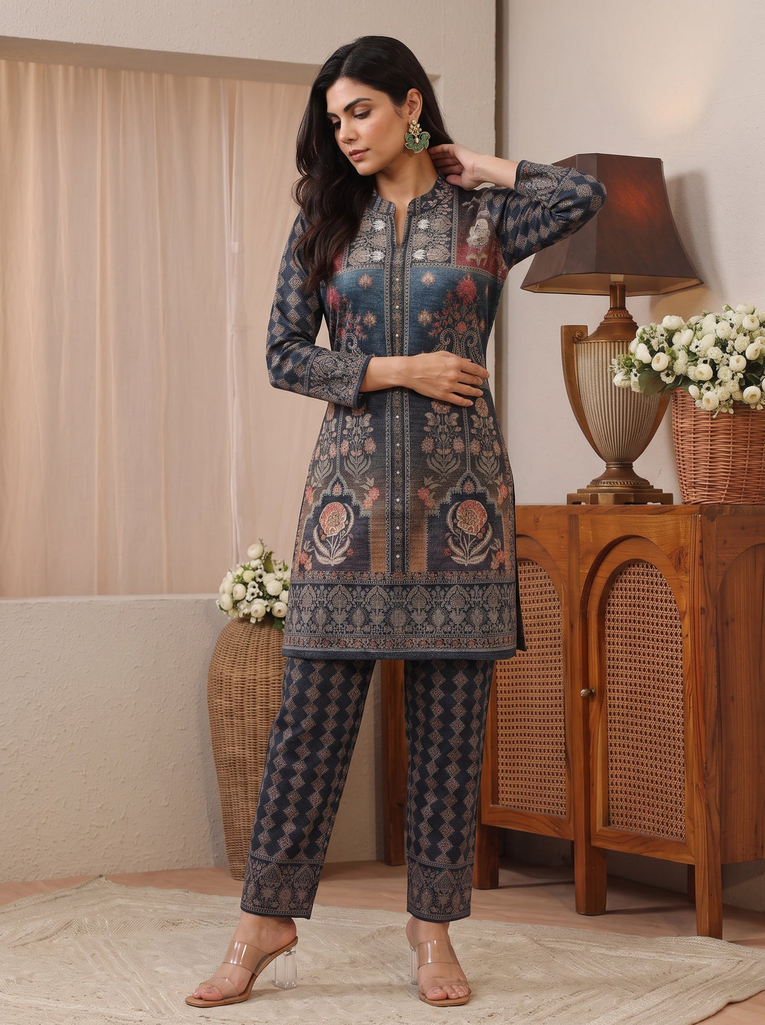 Libas Blue Floral Printed Woolen Co-Ord Set