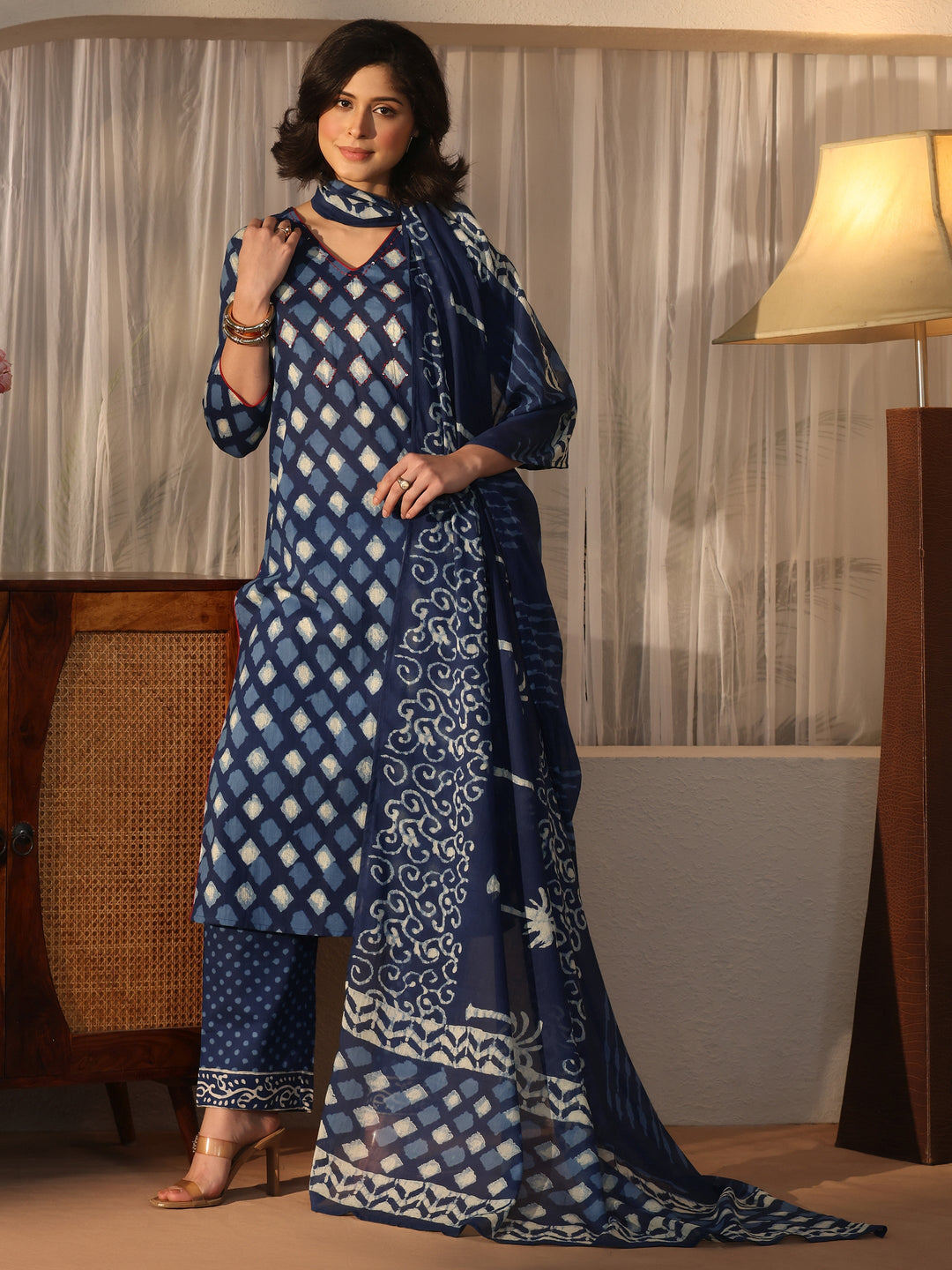  Libas Blue Geometric Printed Cotton Straight Suit Set 