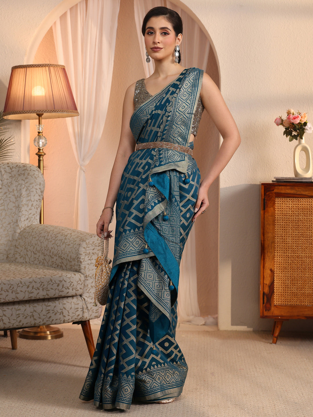  Libas Blue Geometric Woven Design Silk Blend Saree 