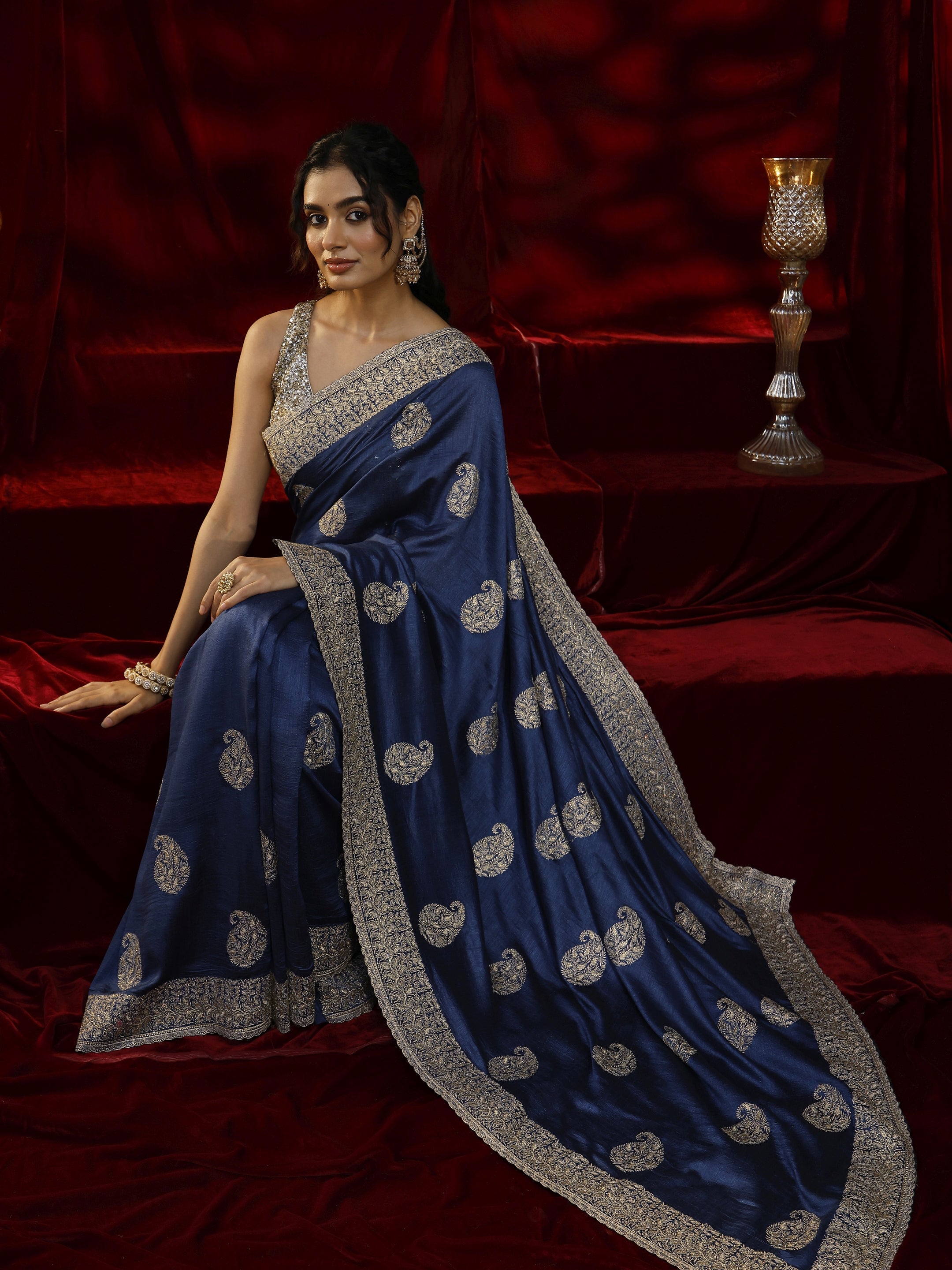 Libas Blue Paisley Embroidered Silk blend Saree-picture-51