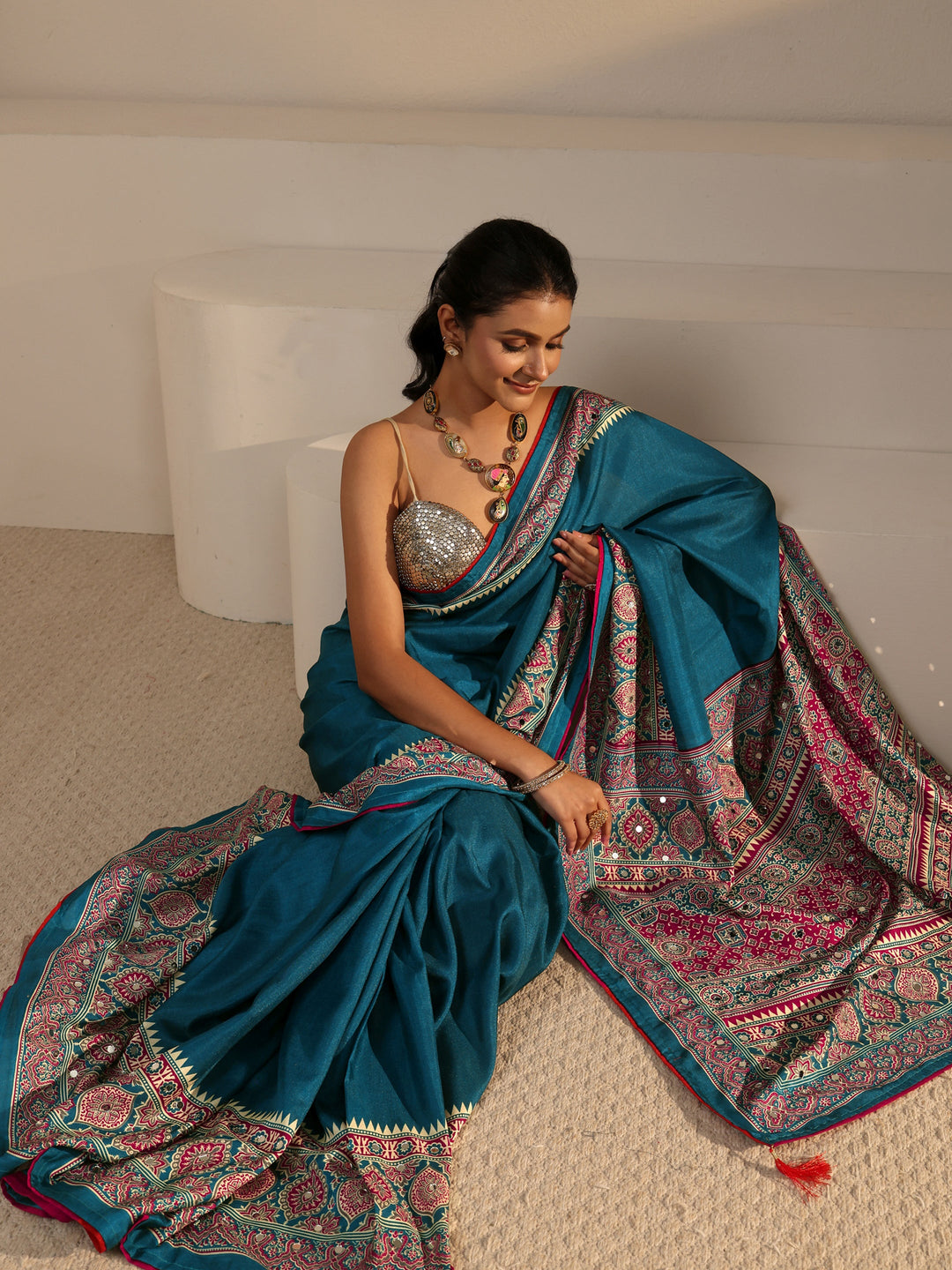 Libas Blue Silk Blend Saree with Ajrakh Printed Pallu