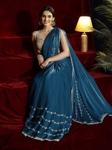 Libas Blue Solid Tissue Saree