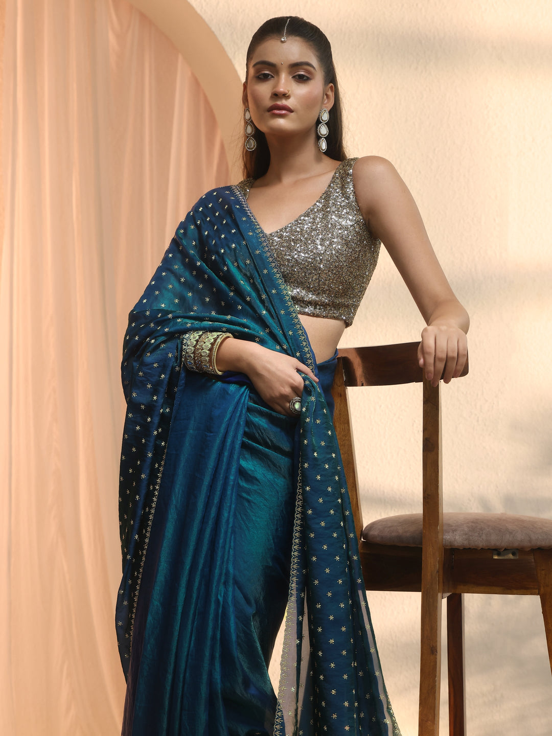  Libas Blue Stone Work Embellished Tissue Saree 