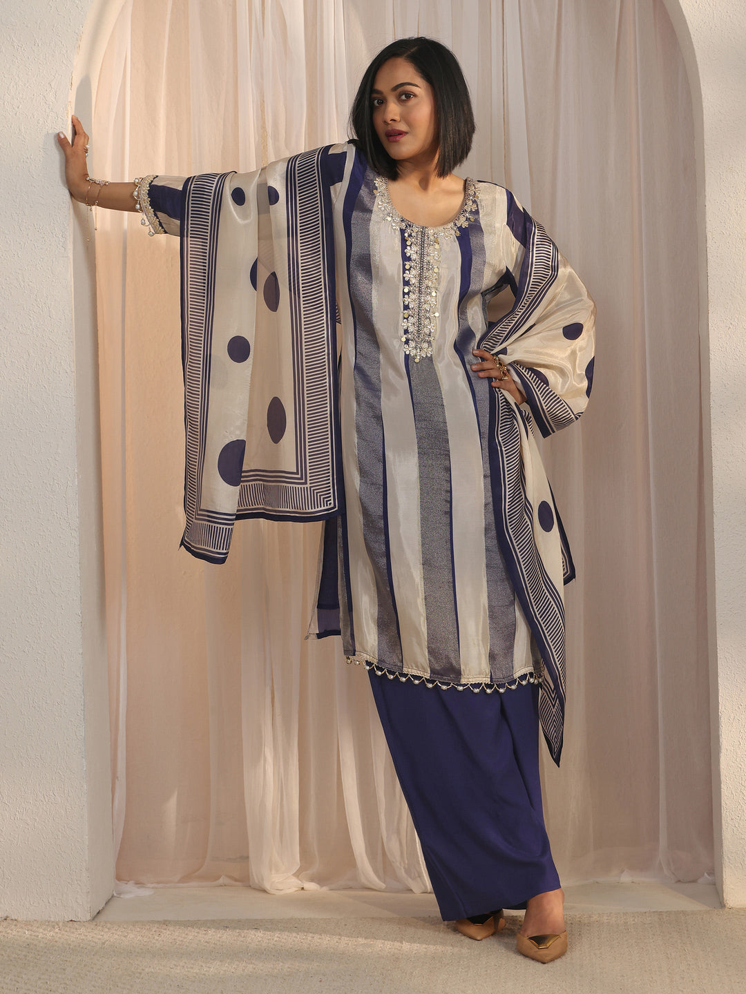  Libas Blue Striped Organza Palazzo Suit Set 