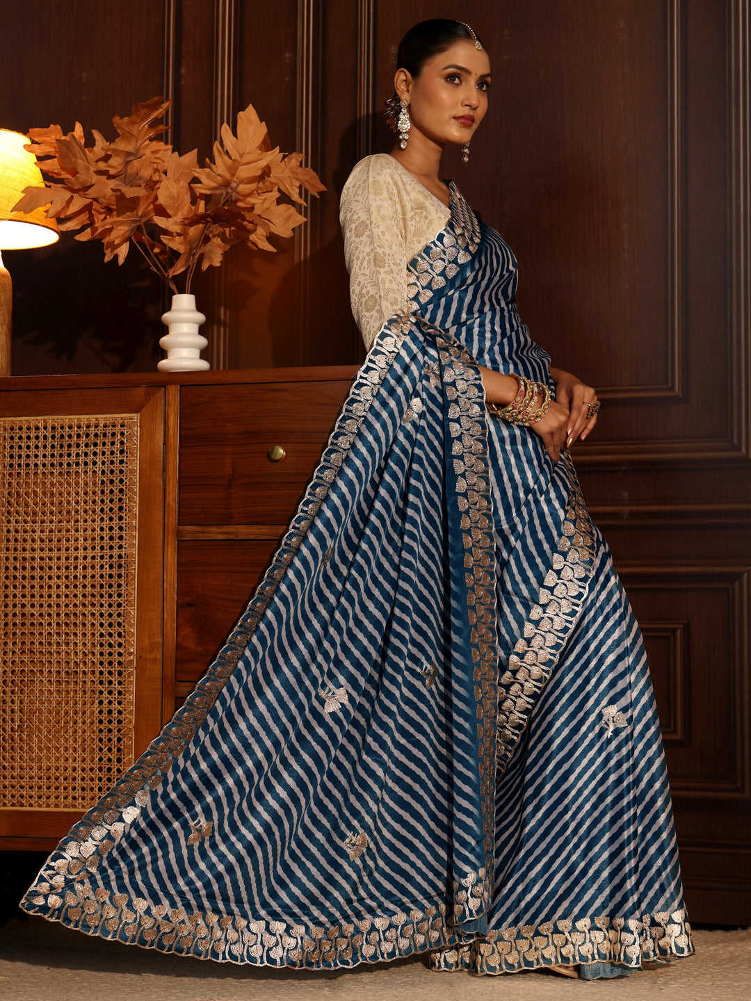 Libas Blue Striped Satin Saree With Embellished Border