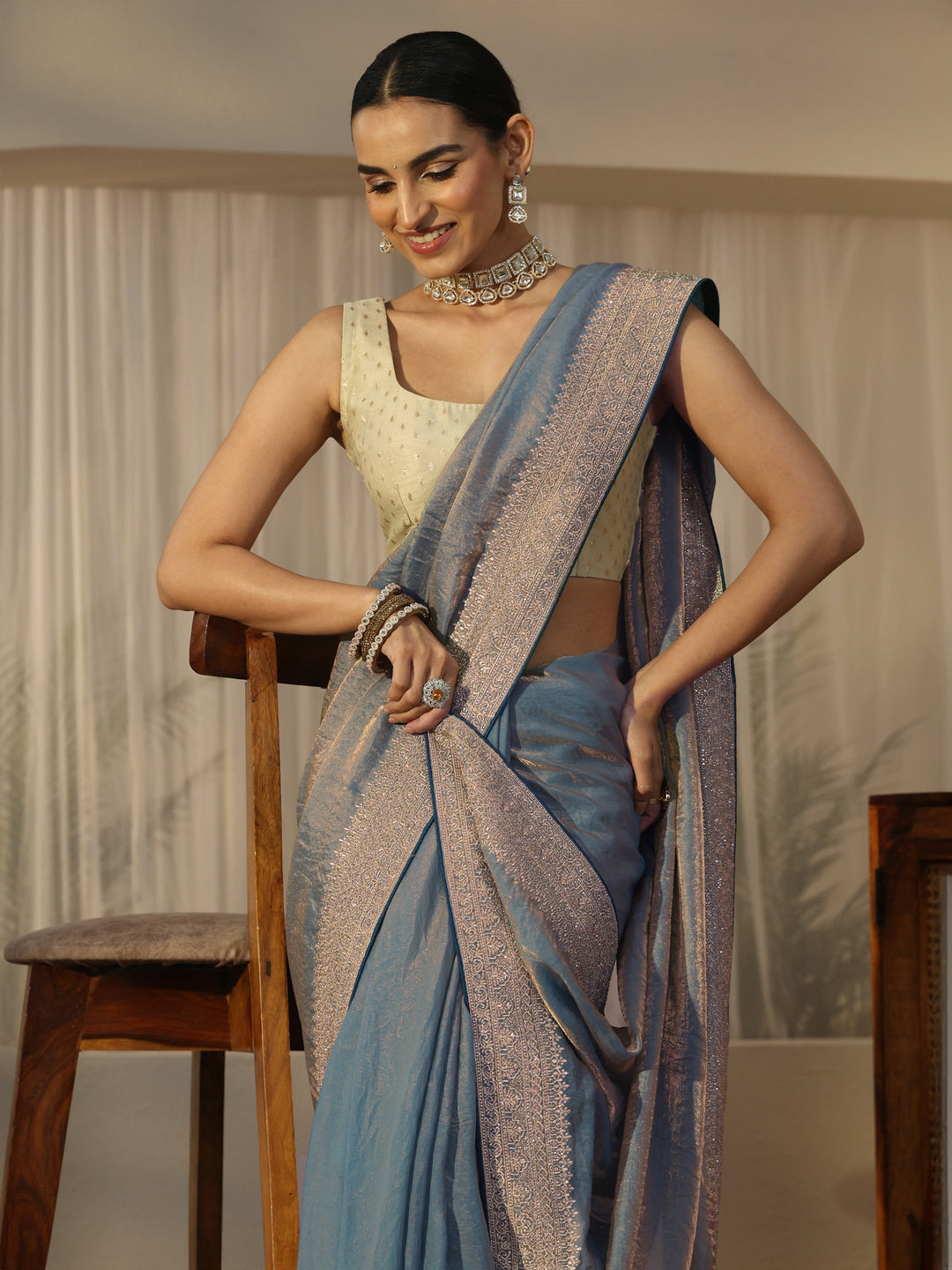  Libas Blue Tissue Saree with Embellished Border 