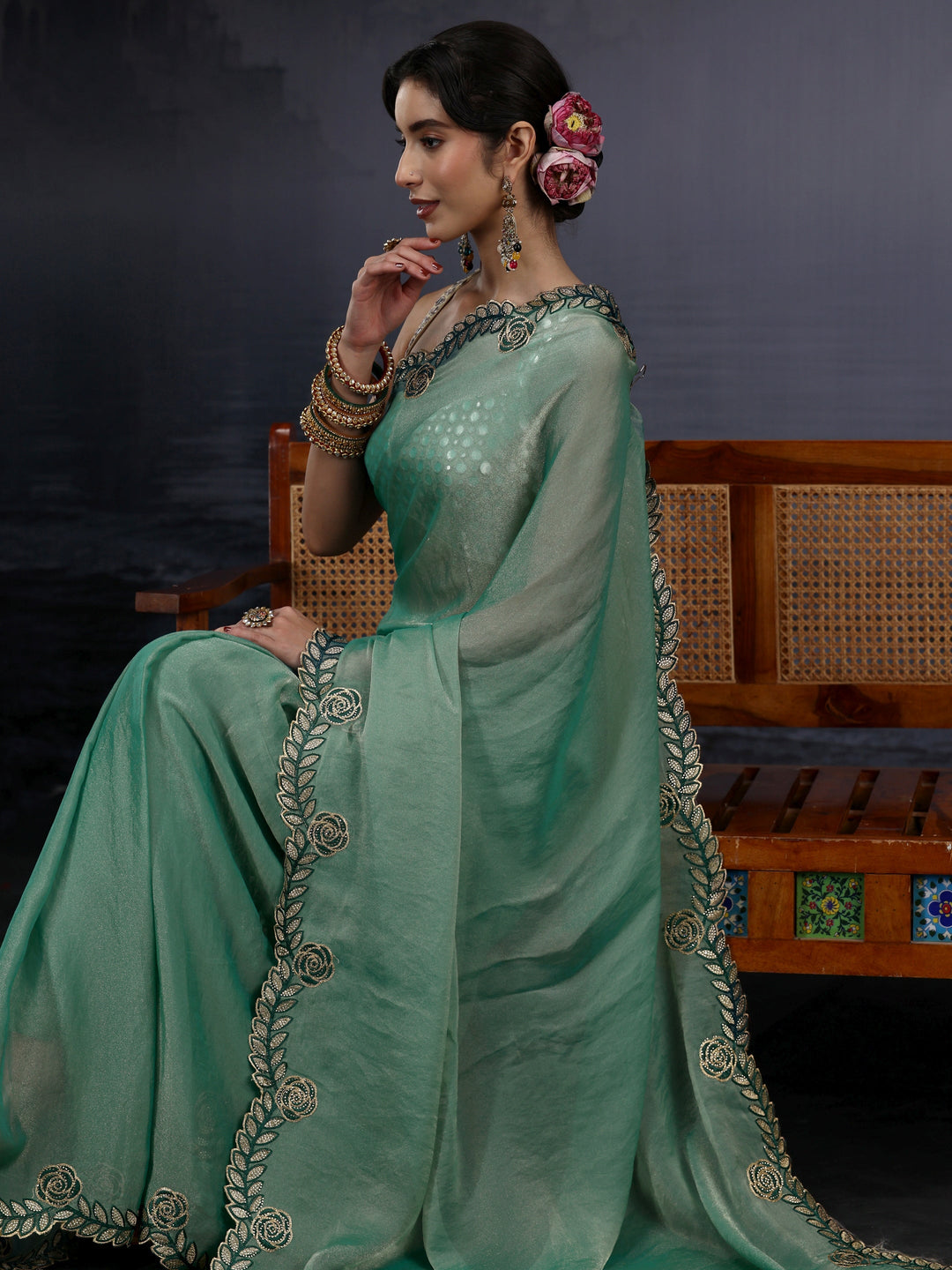  Libas Blue Tissue Saree with Embellished Scalloped Border 