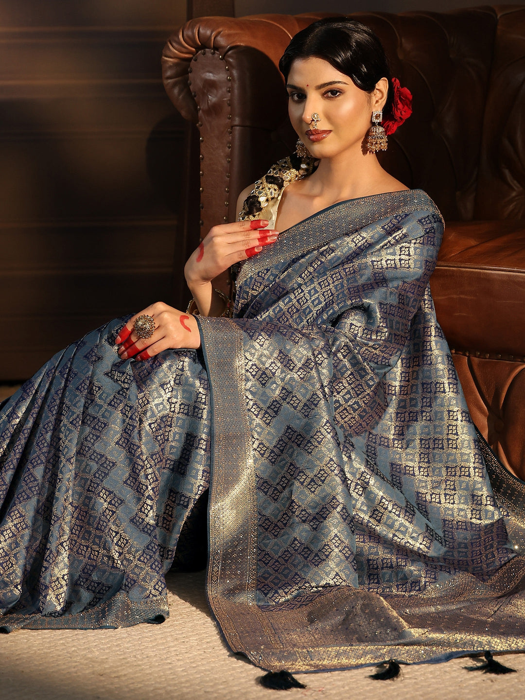Libas Blue Woven Design Silk Blend Tassel Saree with Stone Work