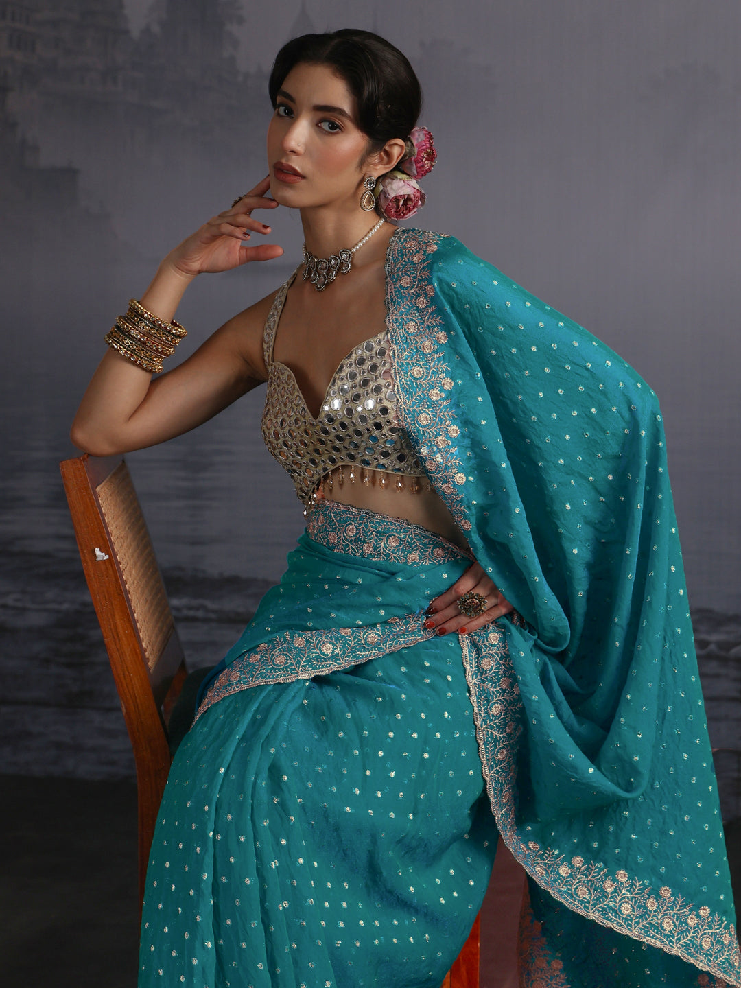  Libas Blue Woven Design Tissue Saree with Embroidered Border 
