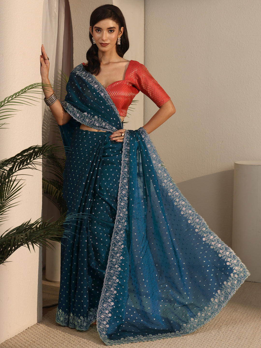 Libas Blue Woven Design Tissue Saree with Floral Border