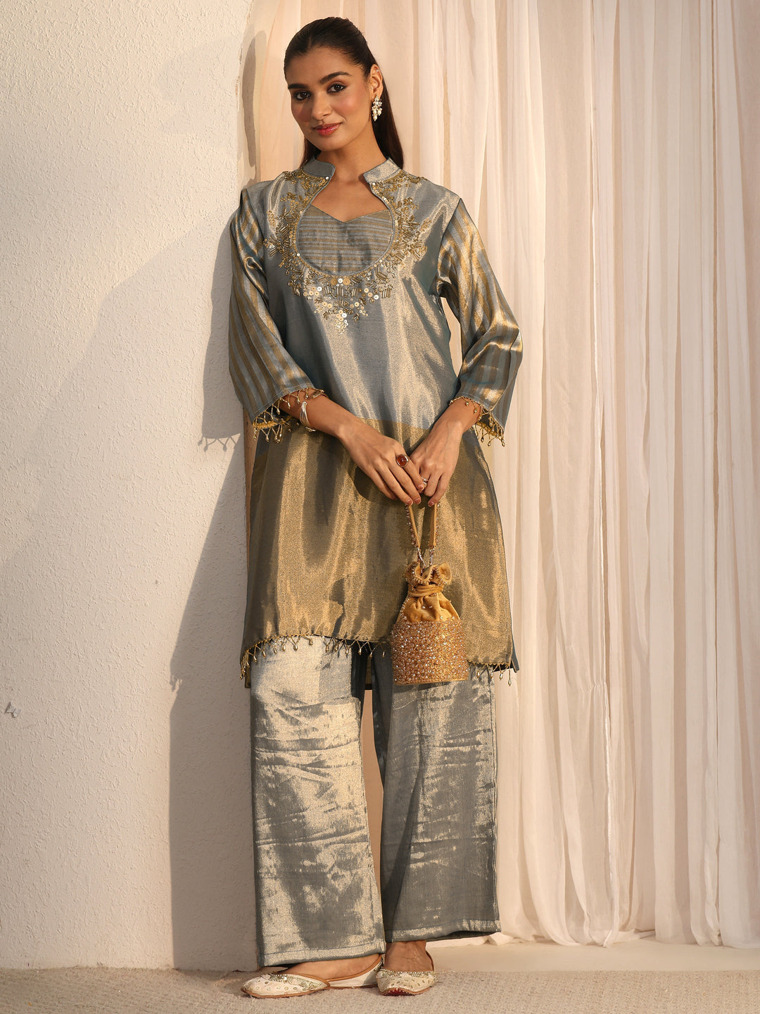  Libas Blue Yoke Design Embellished Silk Blend Co-Ord Set 