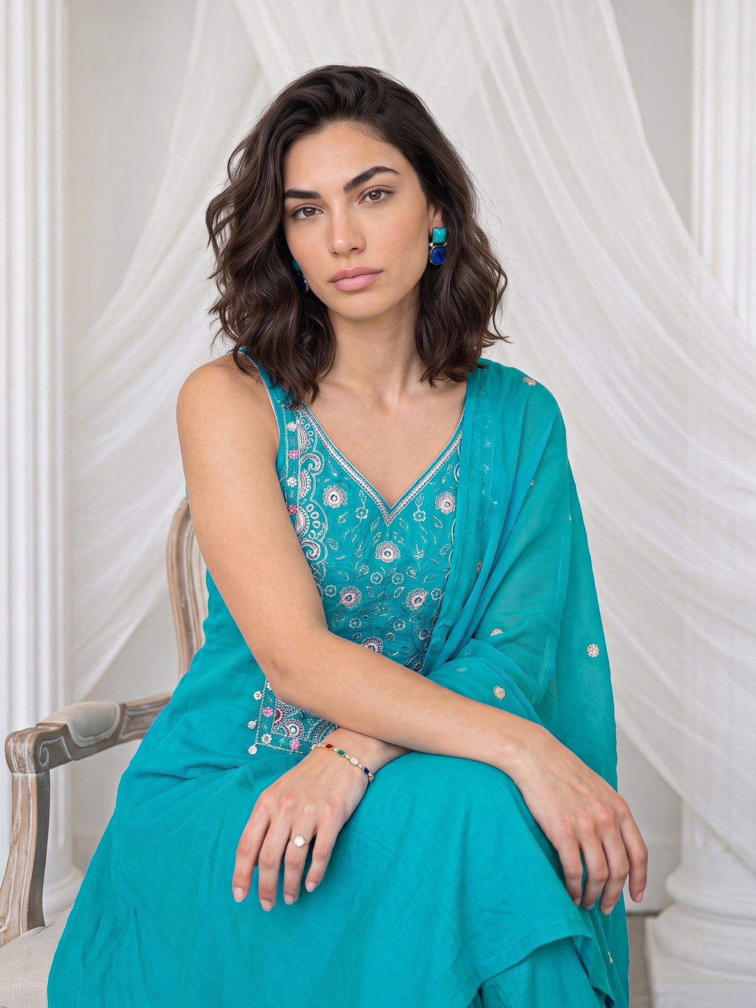 Libas Blue Yoke Design Strappy Cotton A-Line Suit Set