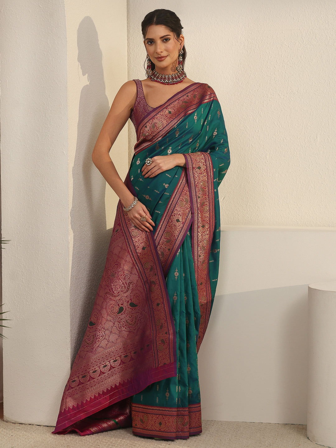 Libas Blue and Pink Woven Design Silk Blend Saree