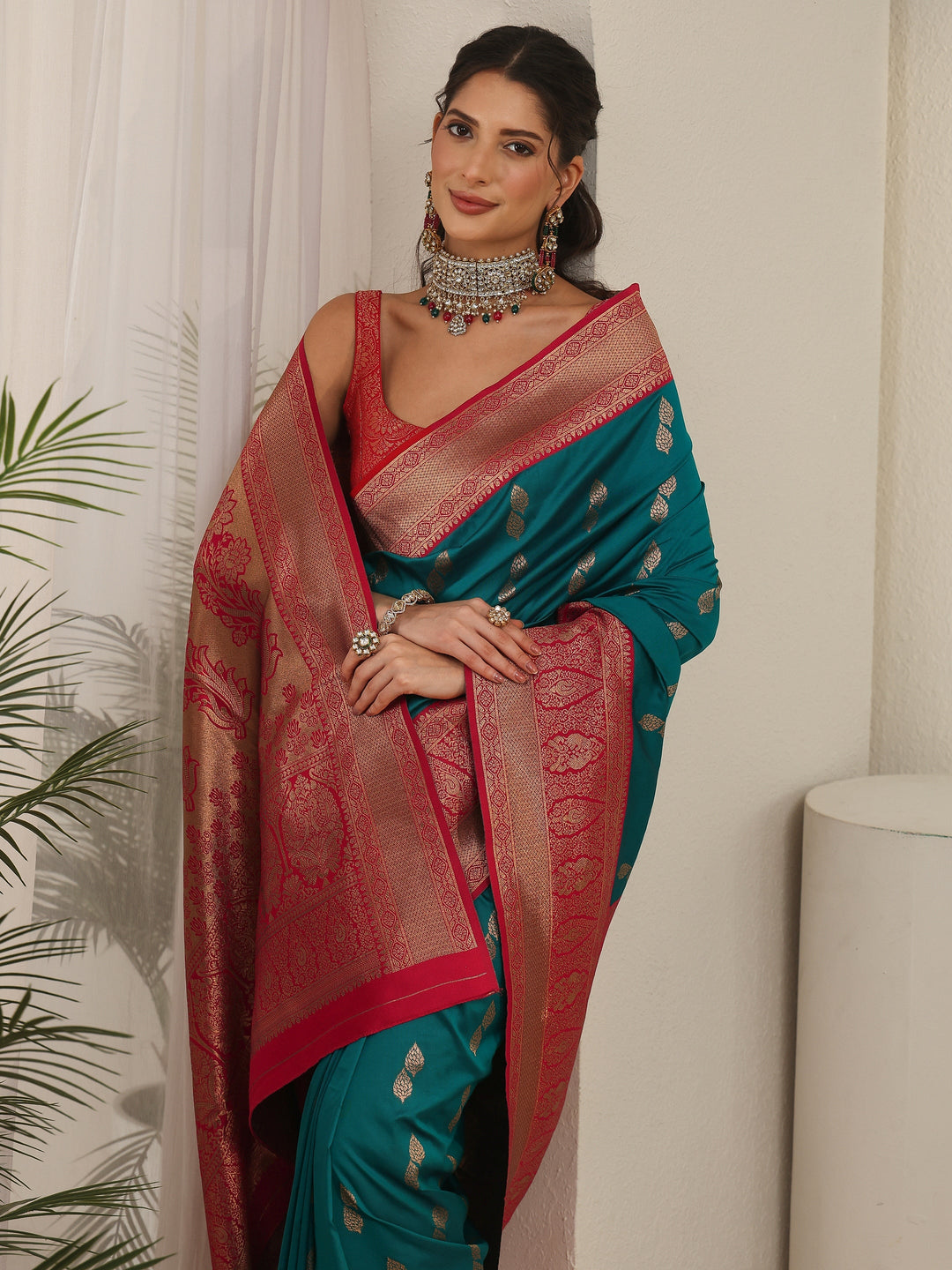 Libas Blue and Red Banarasi Silk Blend Saree