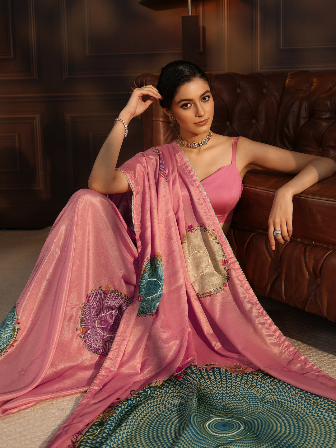 Libas Blush Pink Floral Printed Silk Blend Saree