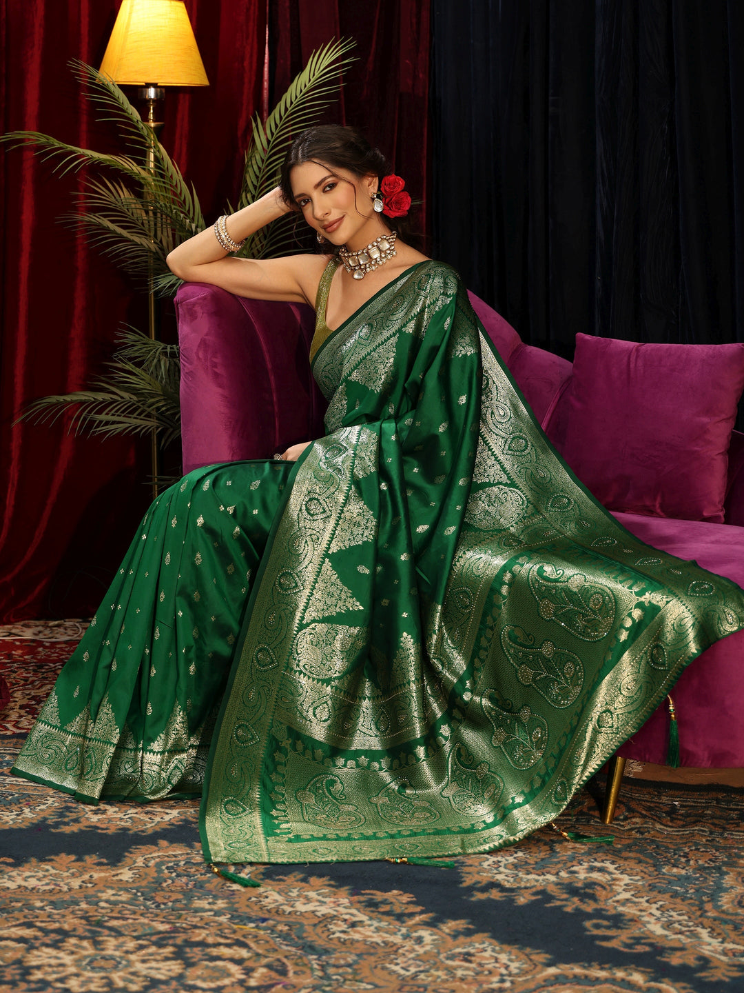 Libas Bottle Green Banarasi Silk Blend Saree