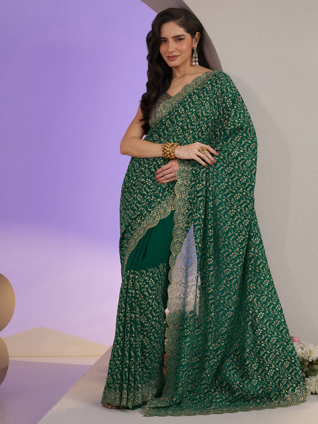  Libas Bottle Green Floral Embroidered Georgette Saree 
