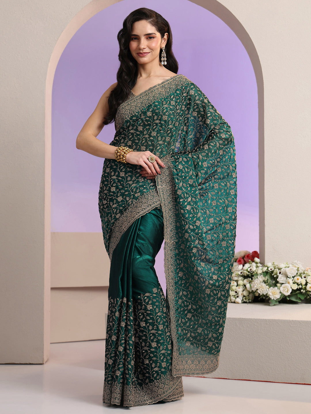  Libas Bottle Green Floral Embroidered Georgette Saree 