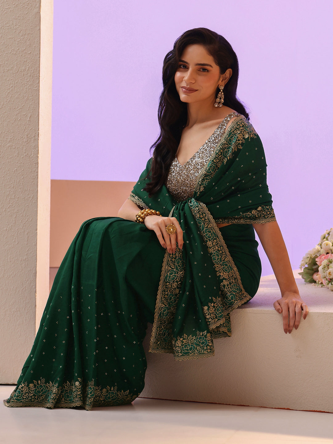  Libas Bottle Green Stone Work Embelllished Silk Blend Saree 