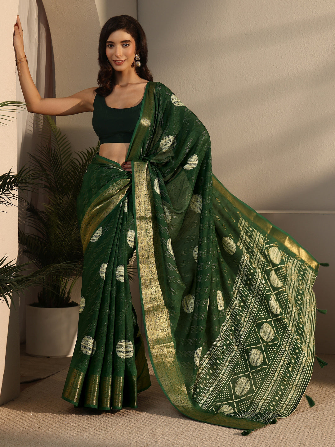 Libas Bottle Green Woven Design Silk Blend Tassel Saree