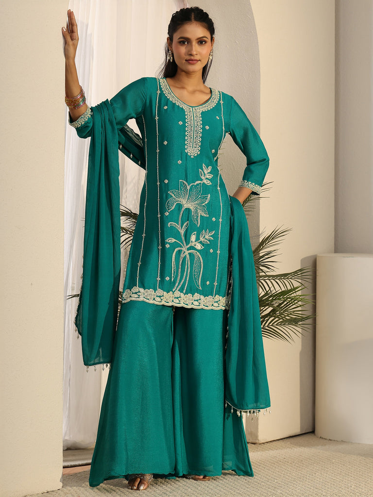 Libas Bright Teal Blue Floral Embellished Chinon Palazzo Suit Set