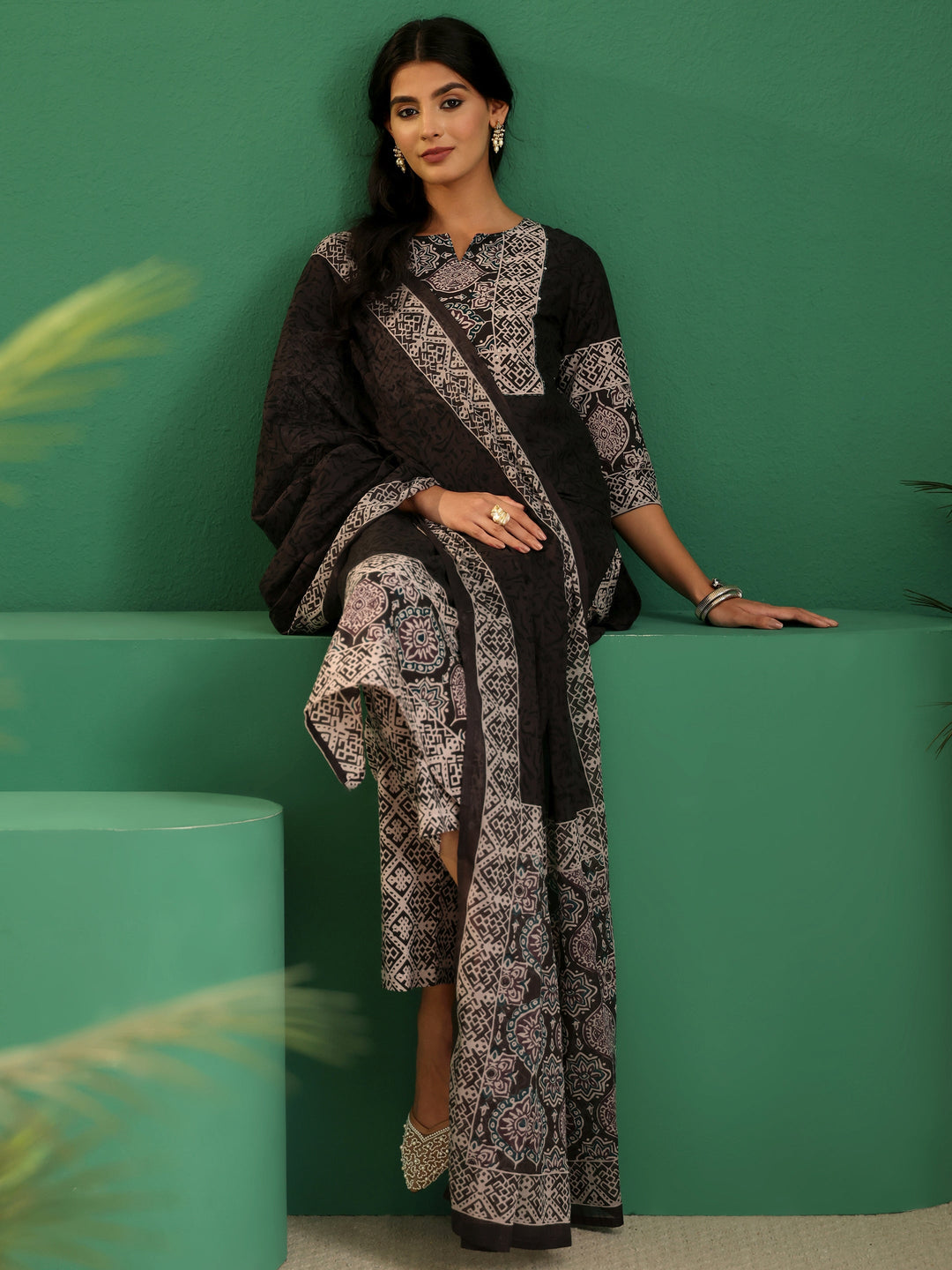  Libas Brown Ajrakh Cotton Straight Suit Set 