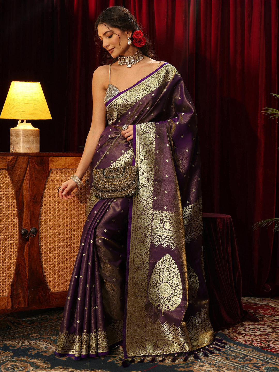  Libas Brown Banarasi Satin Tassel Saree 