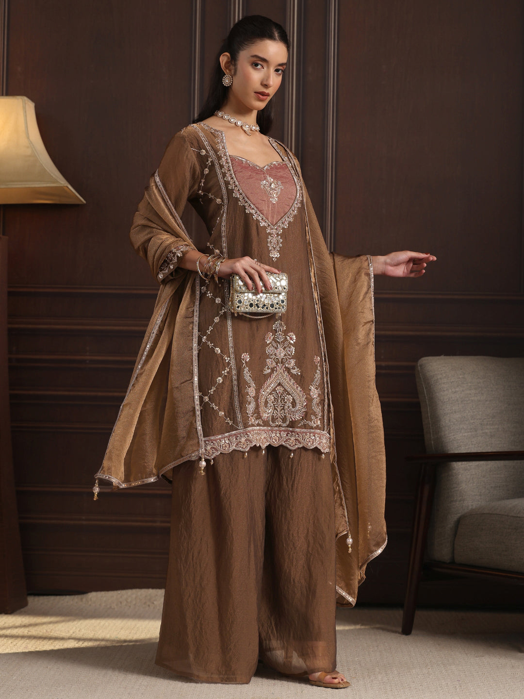  Libas  Brown Embellished Tissue Palazzo Suit Set 