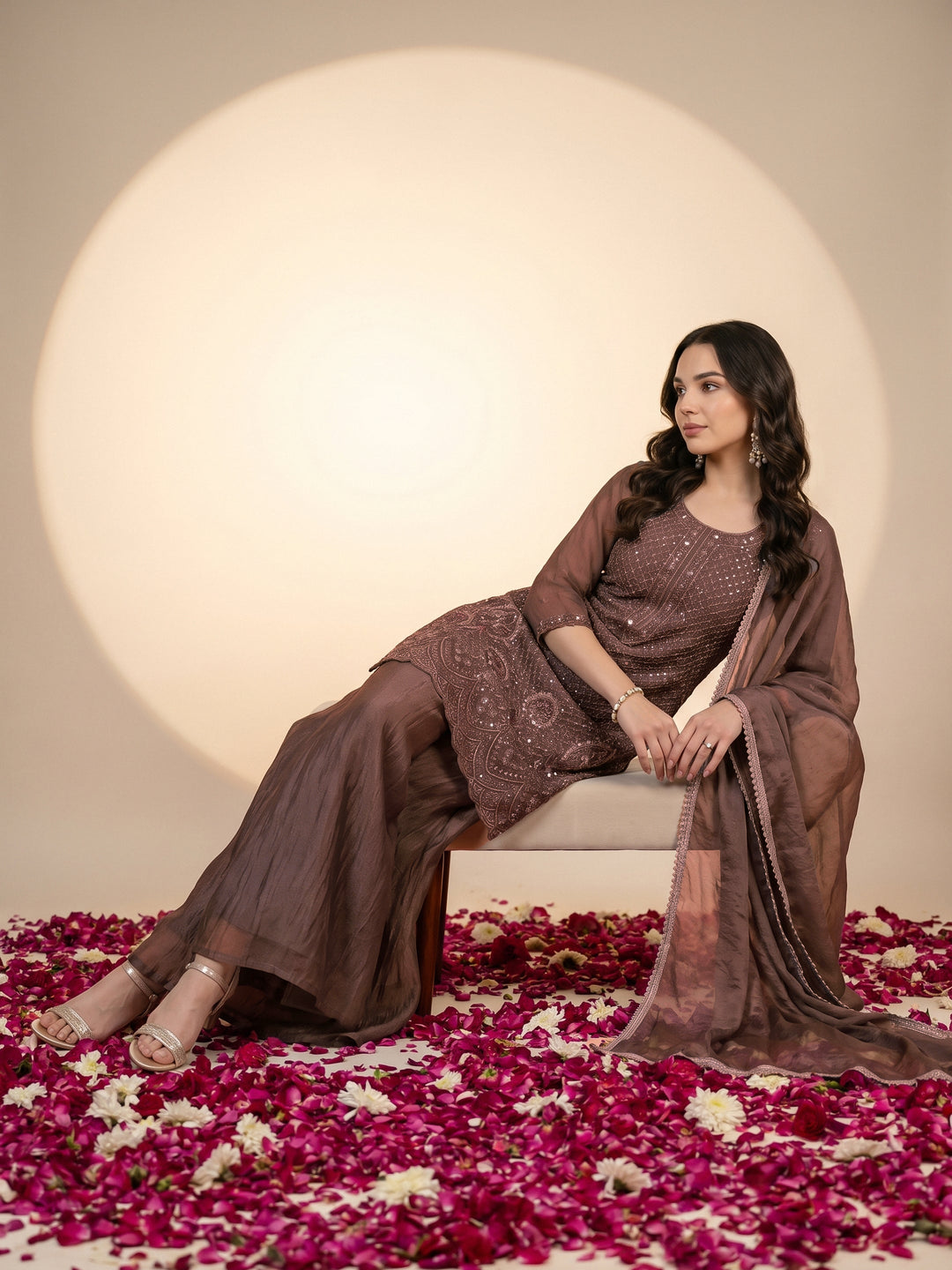  Libas Brown Embellished Tissue Palazzo Suit Set 