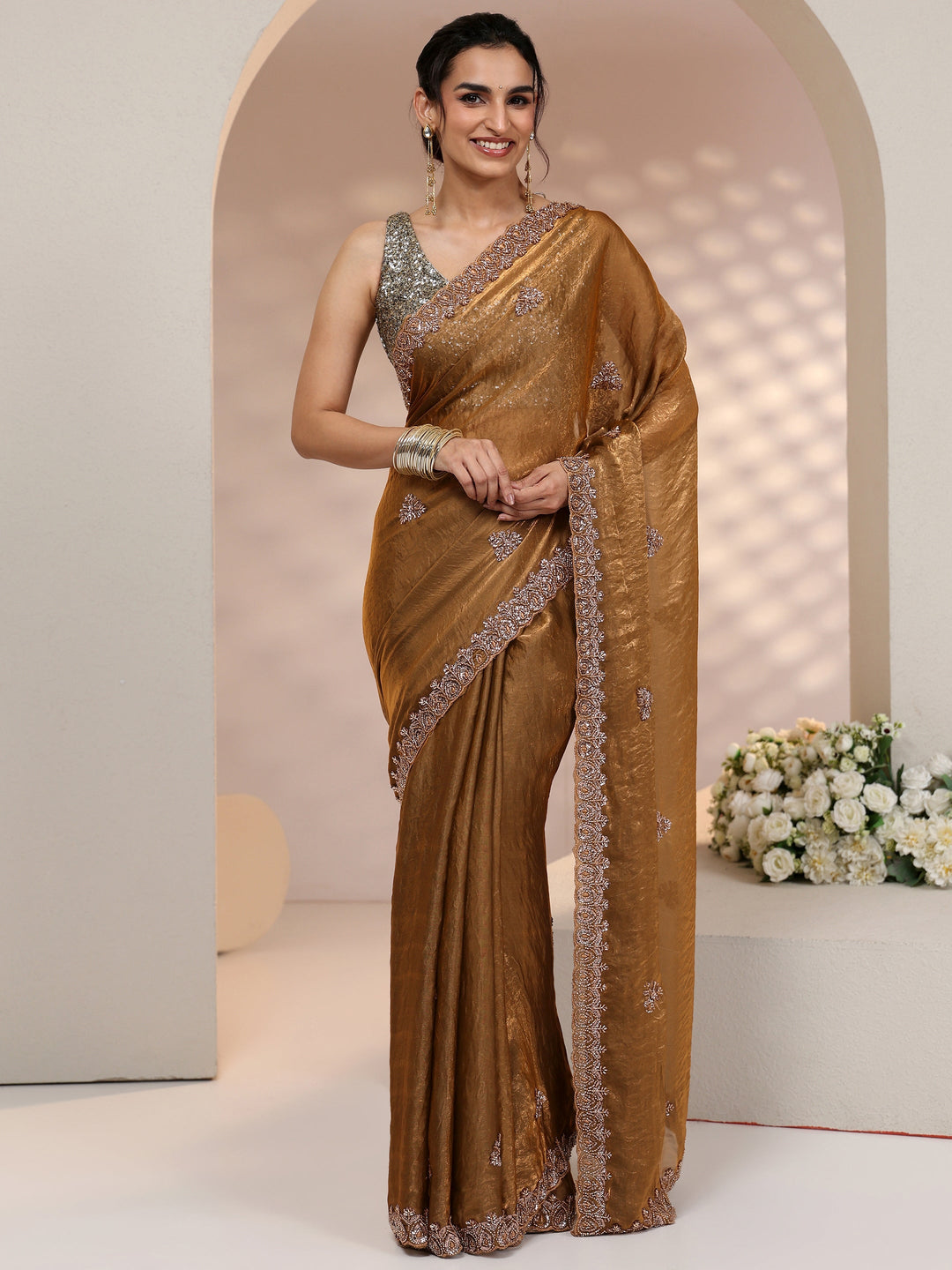  Libas Brown Embellished Tissue Saree 