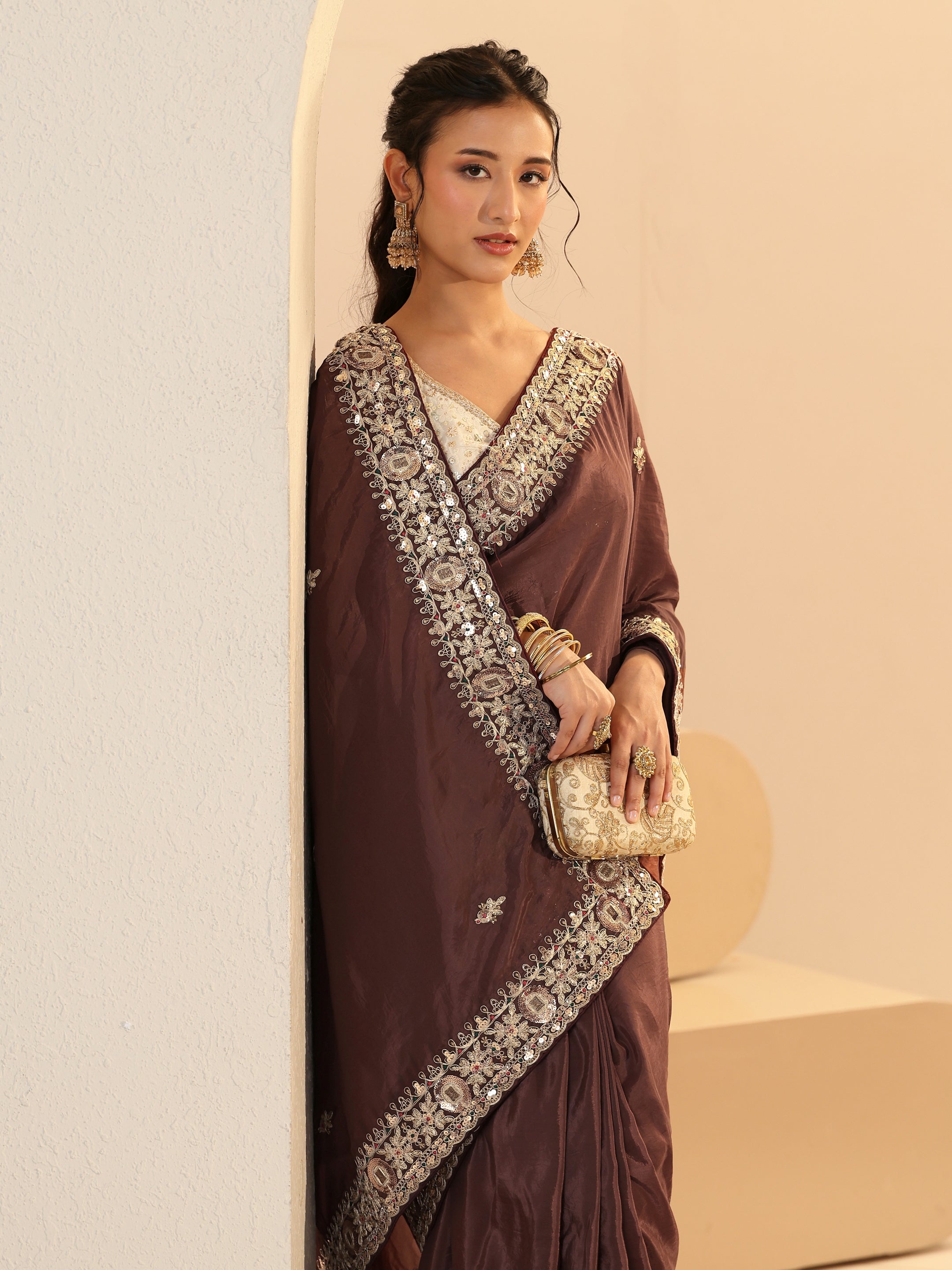 Libas Brown Embroidered Silk Blend Saree-picture-18