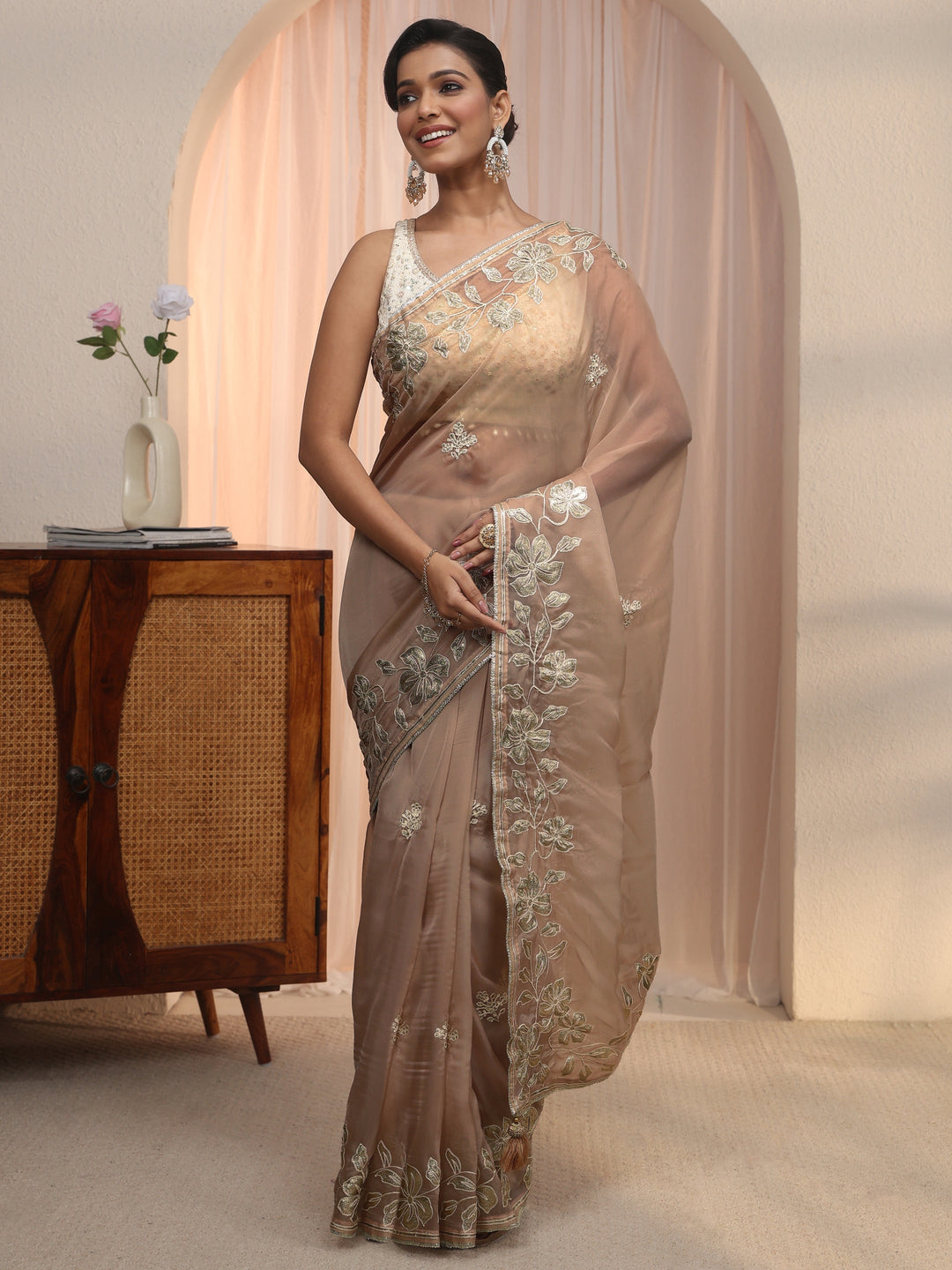  Libas Brown Floral Embroidered Tissue Saree 