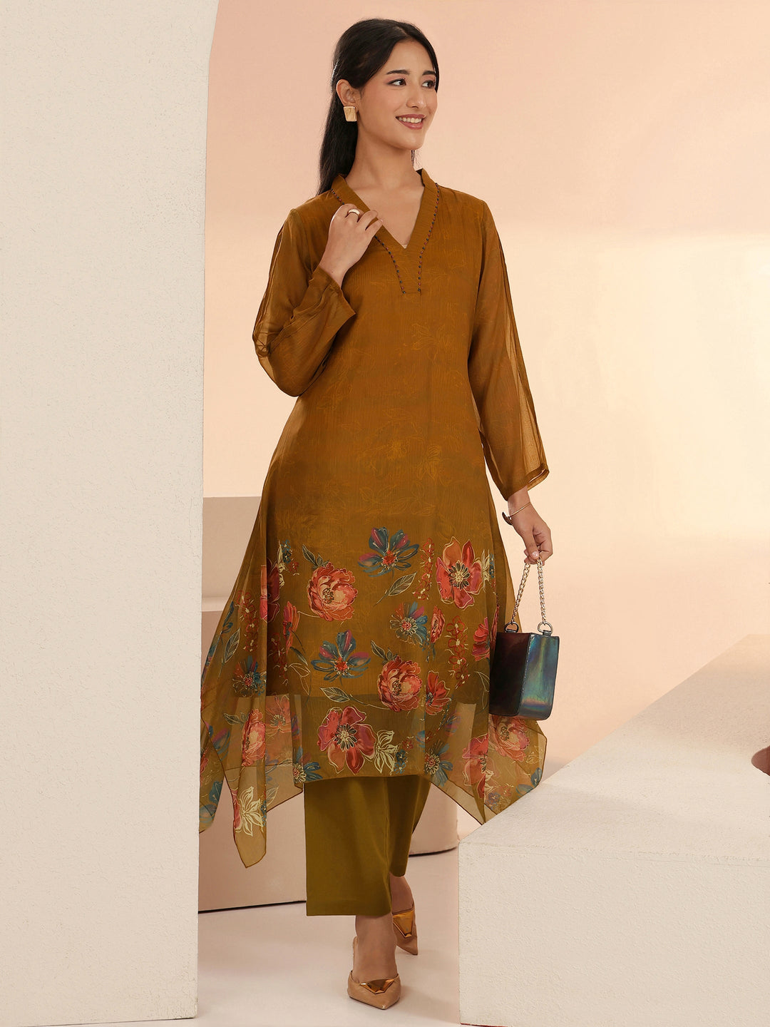  Libas Brown Floral Printed Chiffon High Low Kurta Set 
