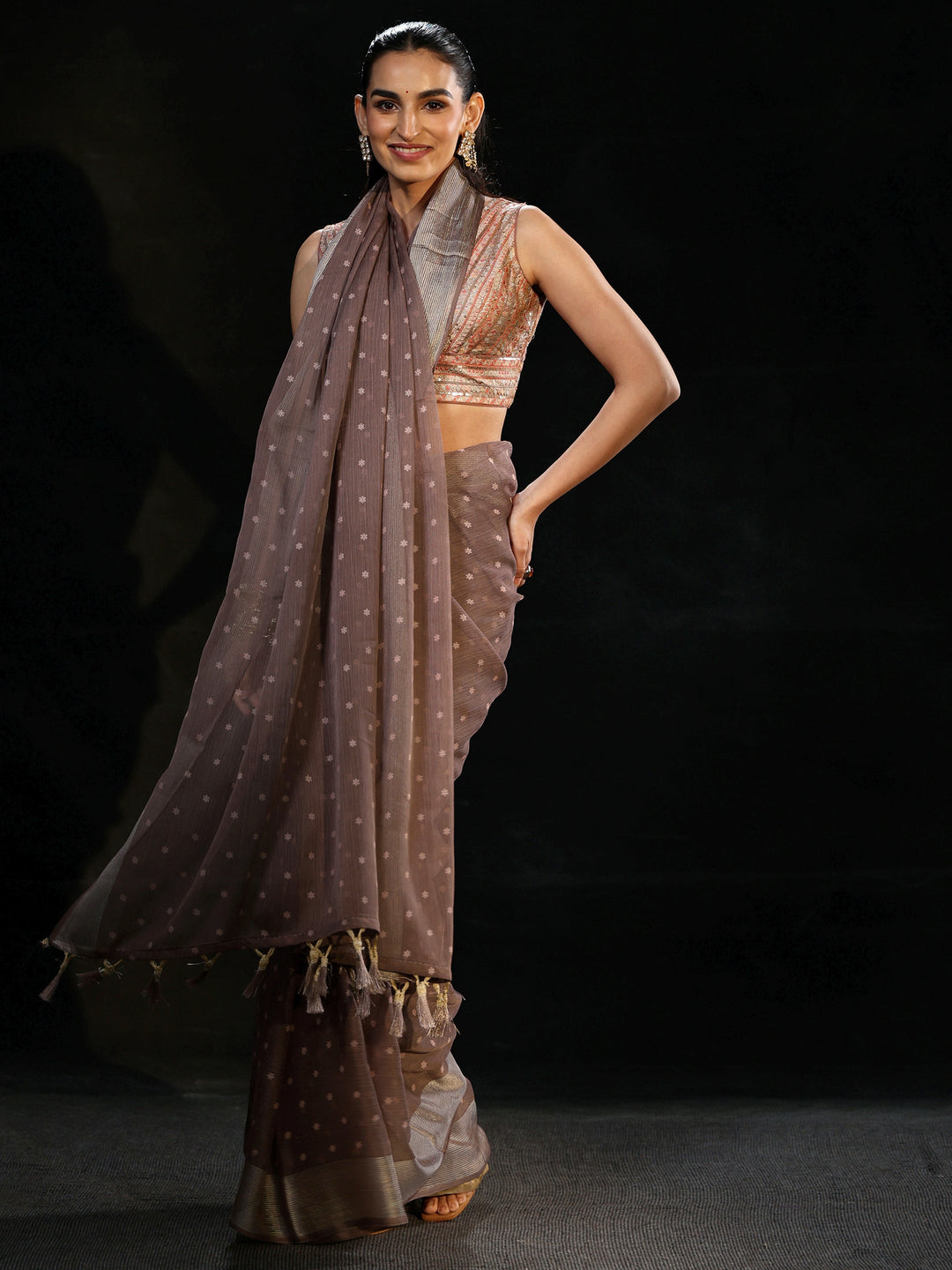  Libas Brown Floral Printed Chiffon Saree 