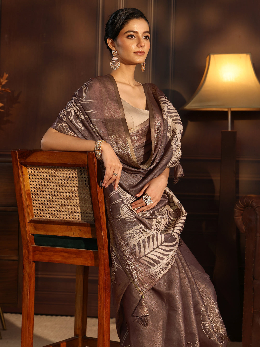 Libas Brown Floral Printed Embellished Silk Blend Saree