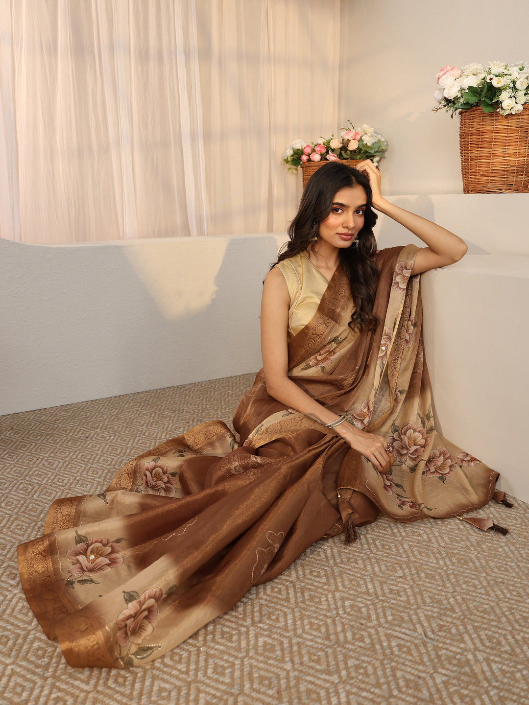  Libas Brown Floral Printed Silk Blend Ombre Saree with Woven Border 