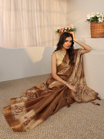 Libas Brown Floral Printed Silk Blend Ombre Saree with Woven Border