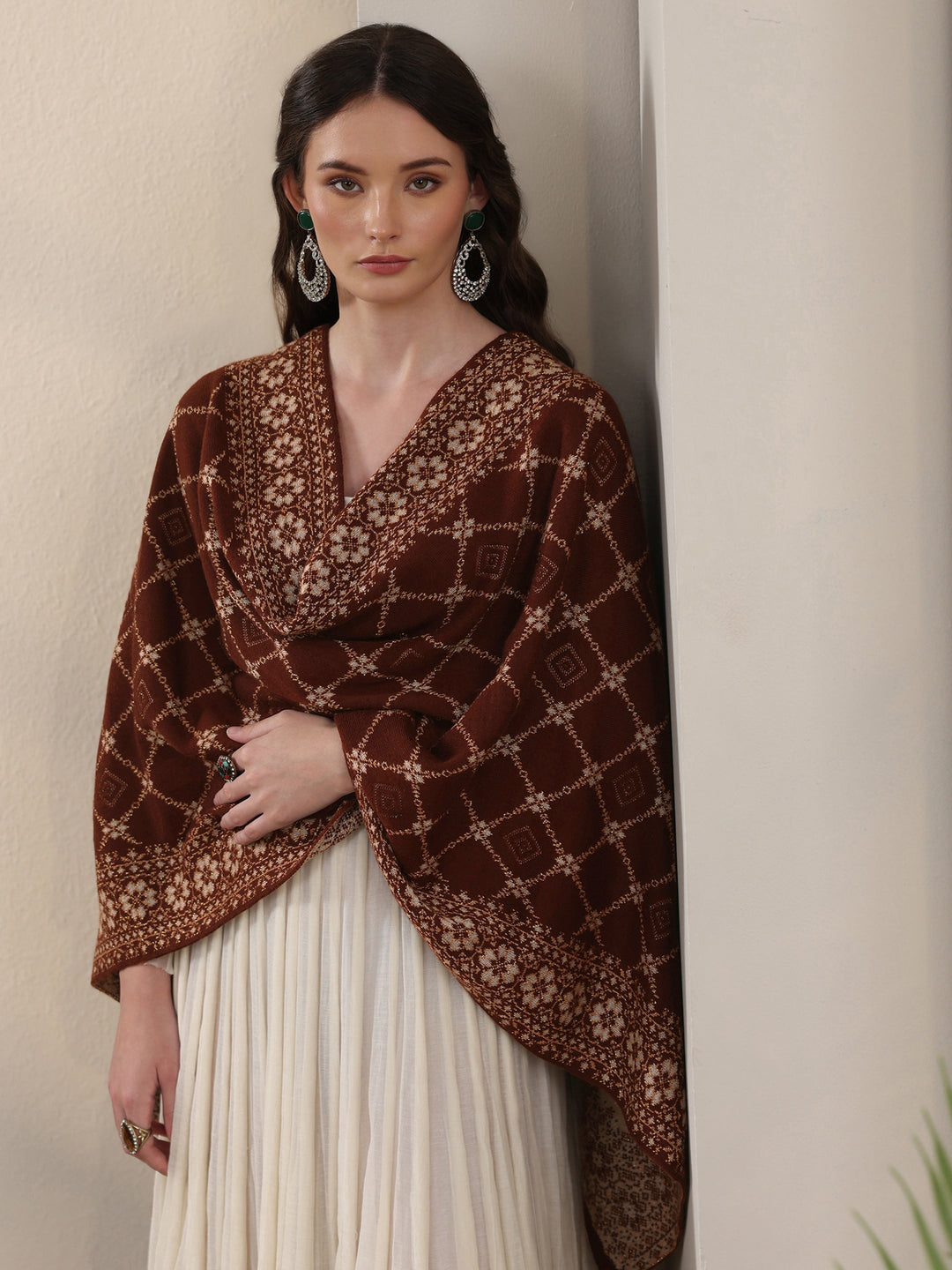  Libas Brown Jaal Pattern Embroidered Acrylic Wrap Shawl 