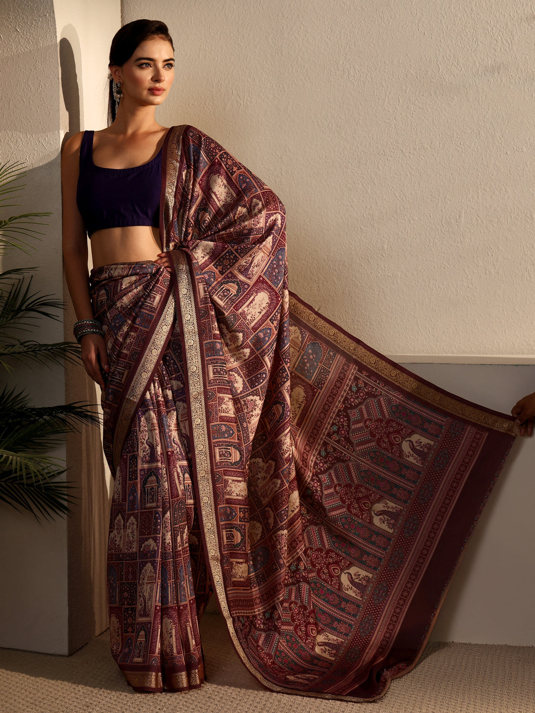 Libas Brown Jharokha Printed Silk Blend Saree