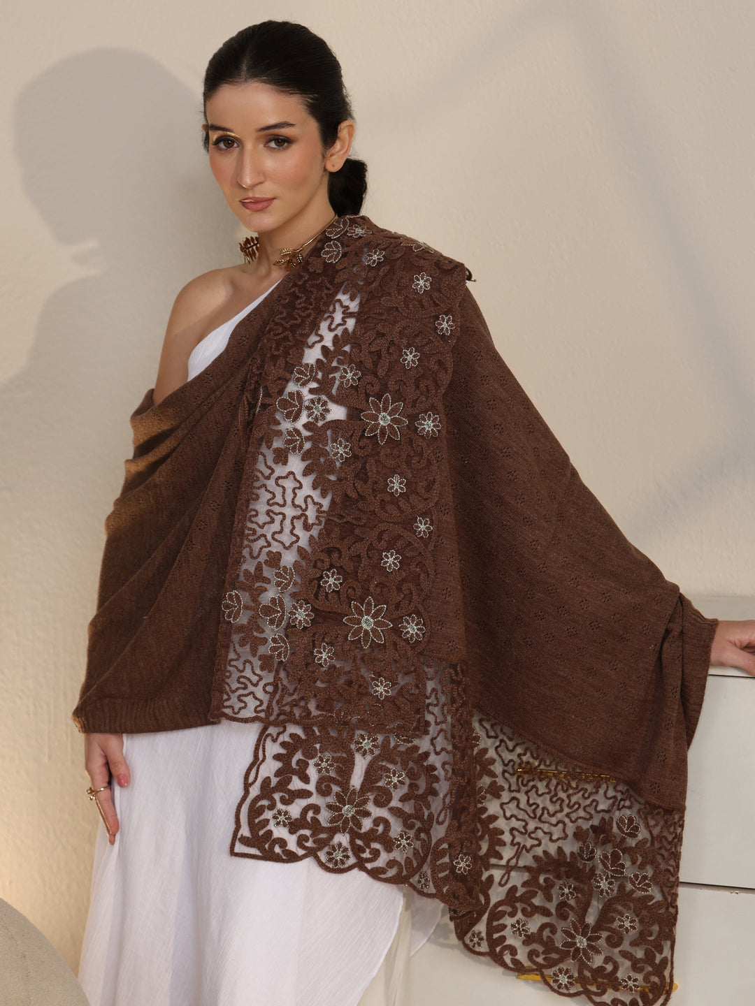  Libas Brown Knitted Lace Acrylic Wrap Shawl 
