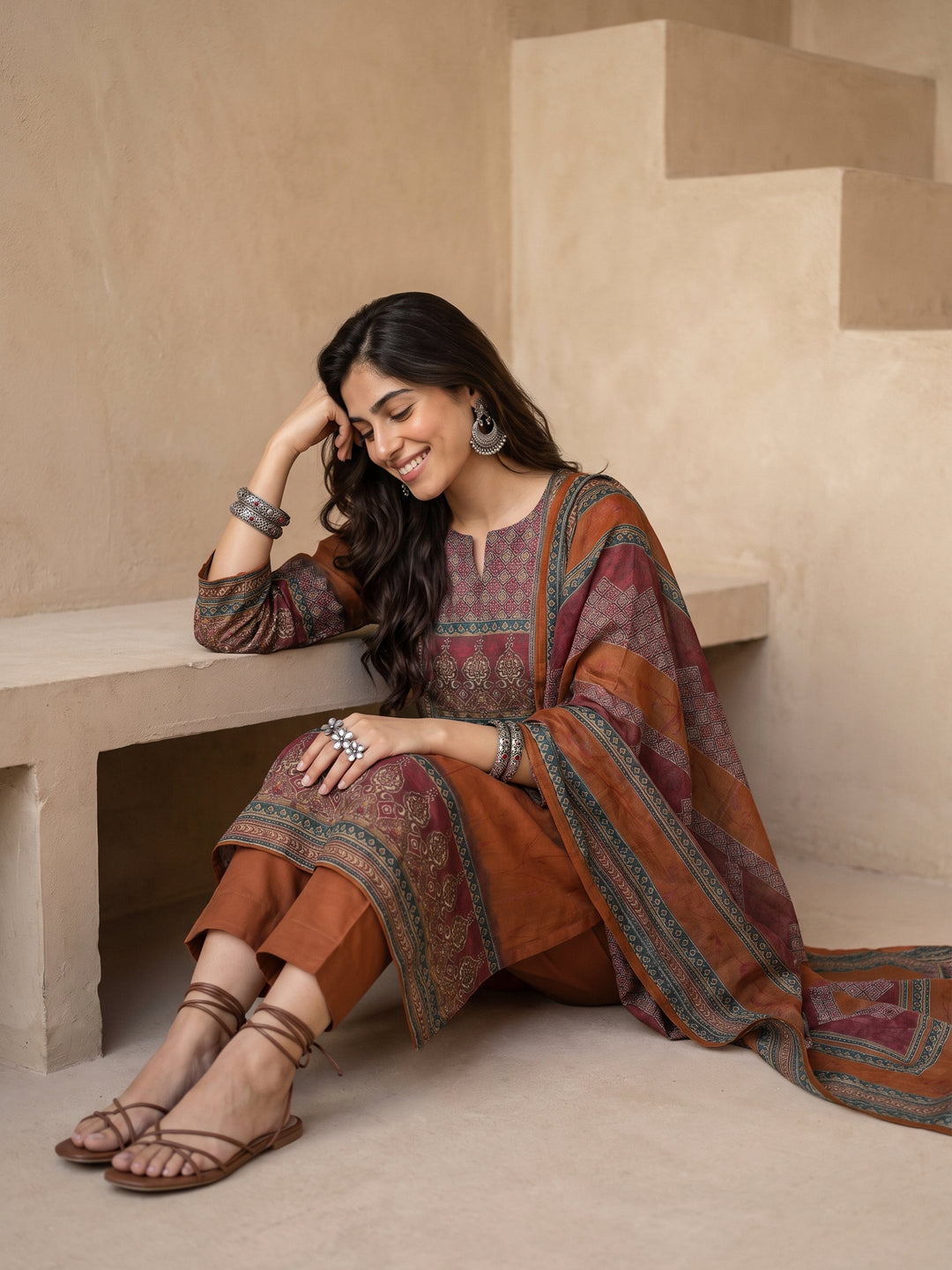  Libas Brown Printed Silk Blend Straight Suit Set 