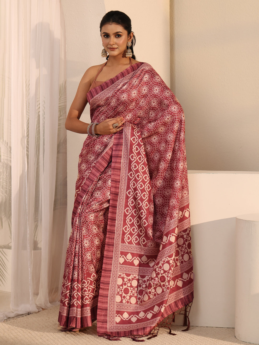 Libas Brown Printed Silk Blend Tassel Saree