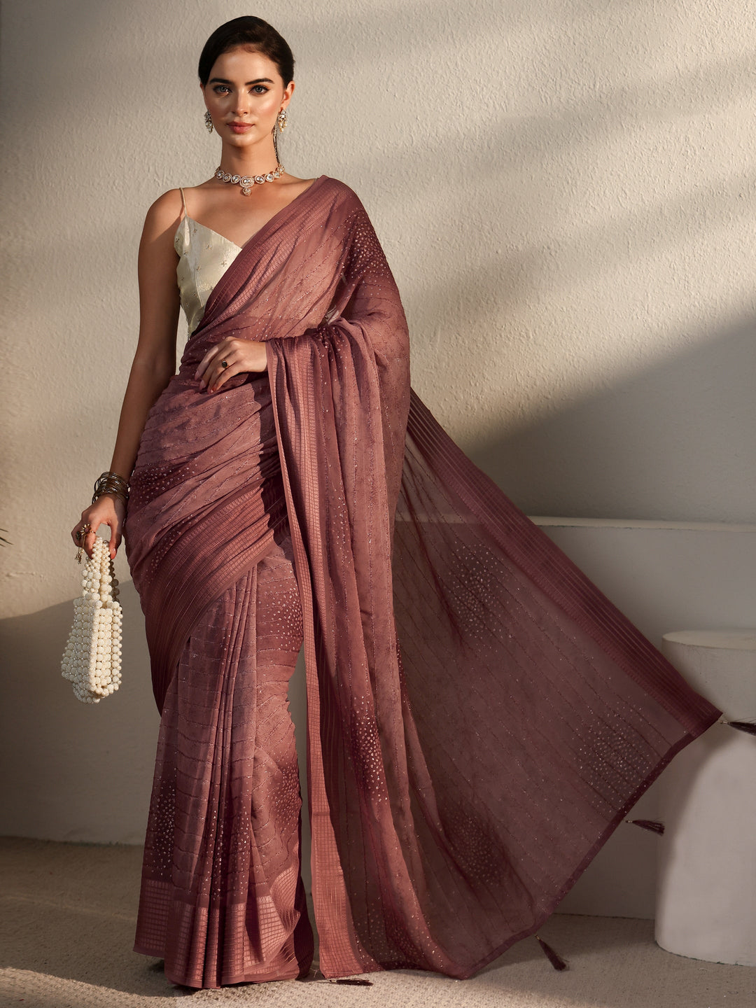 Libas Brown Striped Georgette Tassel Saree with Embellishments