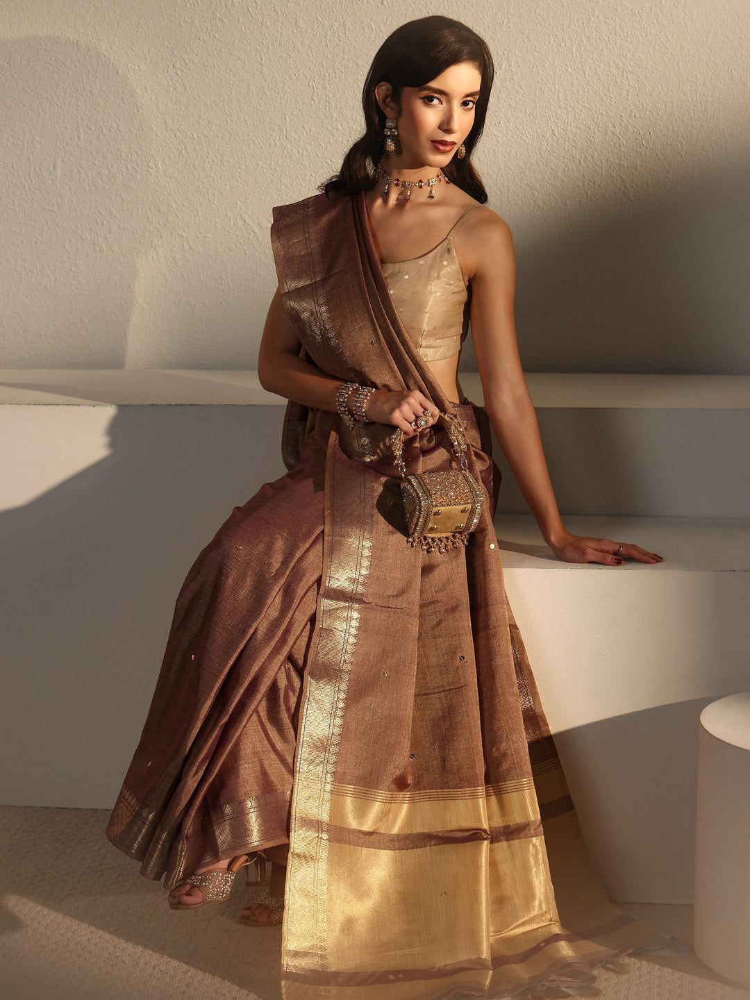 Libas Brown Woven Design Silk Blend Saree